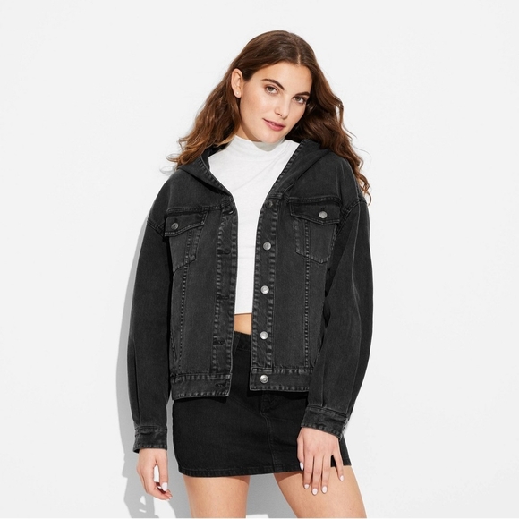 Women's Oversized Hooded Jean Jacket - Wild Fable Black Wash S - Picture 1 of 3